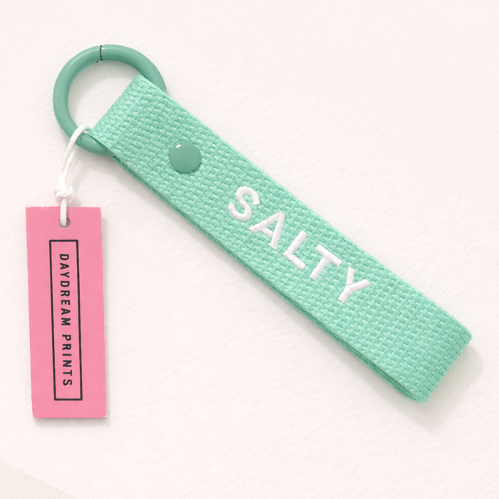 SALTY embroidered webbing keyring in blue-green and white with sturdy keyring attachment — coastal beach accessory by Daydream Prints
