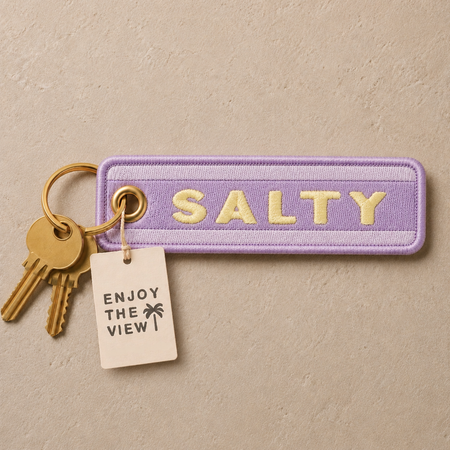 Salty embroidered keyring in lavender and yellow with gold-tone split ring - coastal beach keychain
