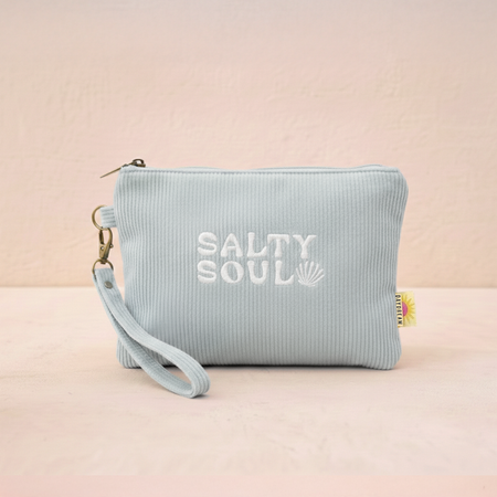 Salty Soul embroidered corduroy wristlet zip pouch in seafoam with wave and sunset embroidery and detachable wristlet strap
