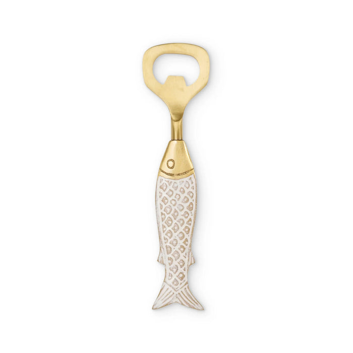 Seychelles brass fish bottle opener with enamel handle detailing