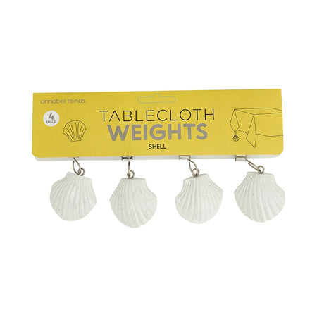 Pack of 4 shell clip-on tablecloth weights on a white background
