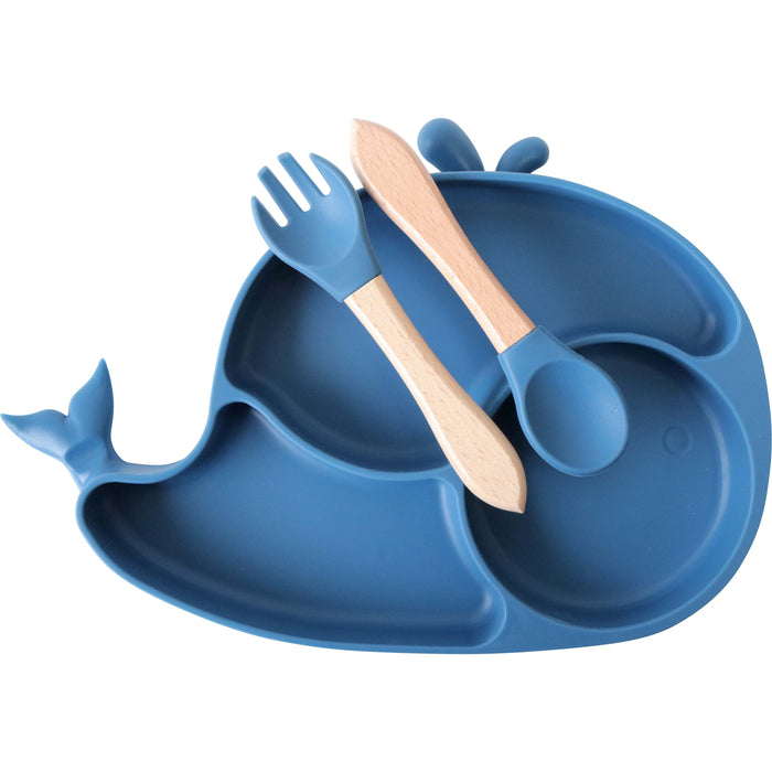 Blue whale-shaped silicone divided dinner plate with wooden-handled fork and spoon for toddlers
