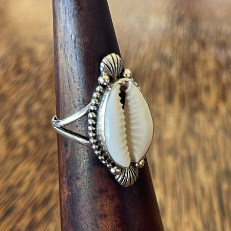 Sterling silver cowrie shell ring on wooden ring cone, front view showing natural cowrie shell with bead surround and scallop motif detail