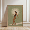Close-up of Sun Glider sage art print detail, warm tones and illustrated sun
