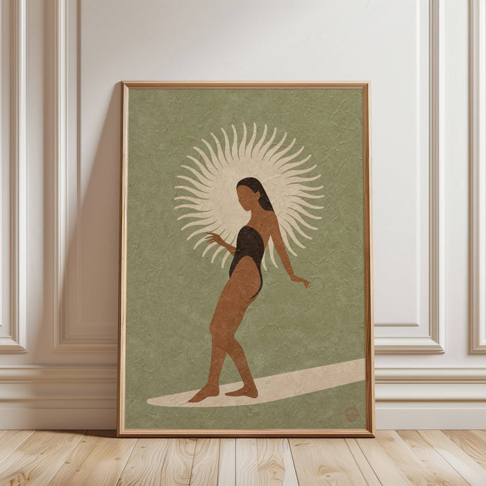 Close-up of Sun Glider sage art print detail, warm tones and illustrated sun
