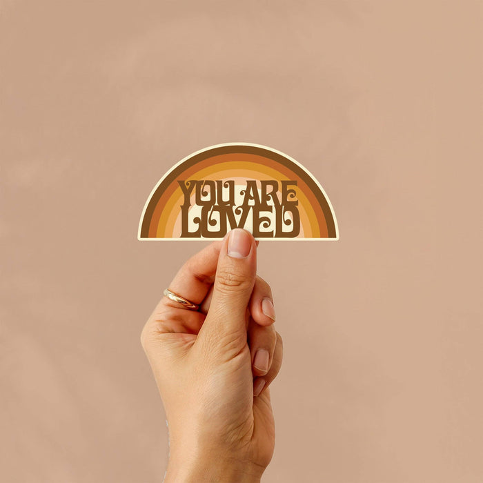 You Are Loved rainbow waterproof matte vinyl sticker by Travel and Tide, designed in Australia
