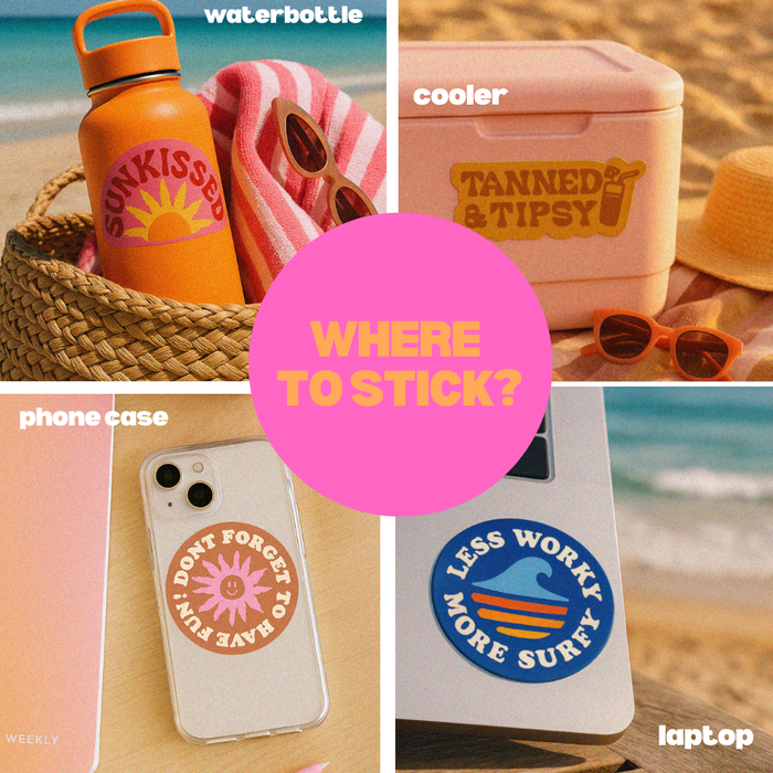Close-up of Sunkissed vinyl sticker detail showing warm retro sun tones and clean print quality
