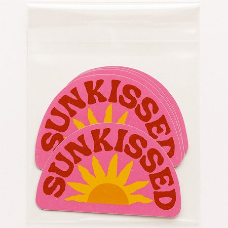 Sunkissed sun sticker shown on a water bottle — retro summer design by Daydream Prints
