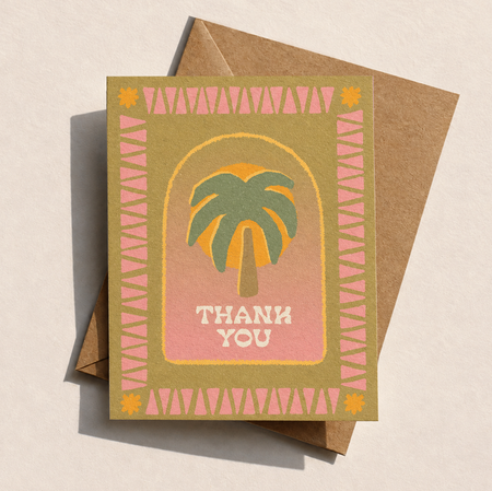 Coastal retro thank you card with palm tree motif and sunset gradient tones - designed in Australia
