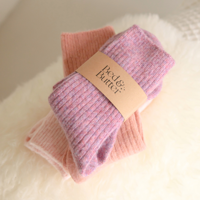 Heather rose cashmere socks worn and styled — comfortable non-restrictive fit by Bed & Butter
