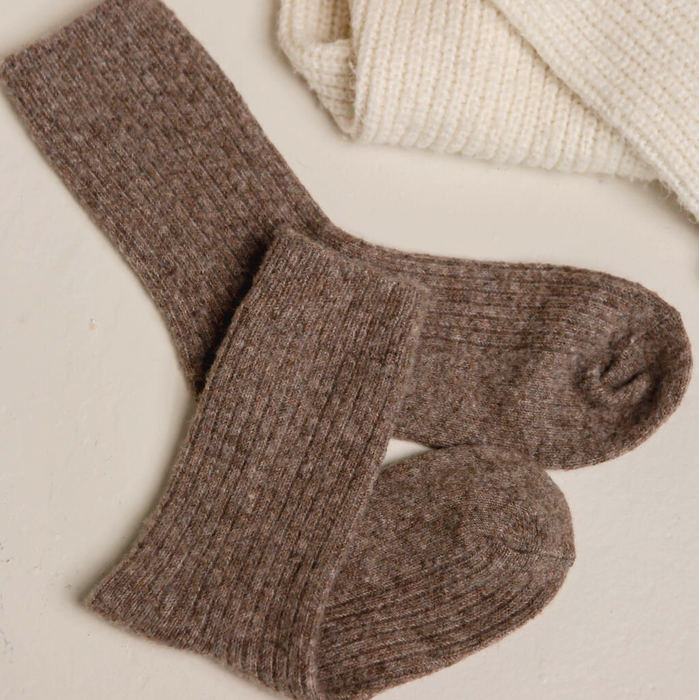 Light choccy cashmere socks worn and styled — comfortable non-restrictive fit by Bed & Butter

