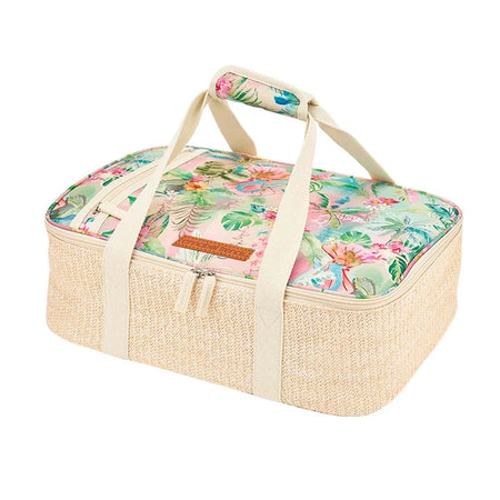 Tiki Island Picnic Make Take Bag with woven rattan base and printed fabric top
