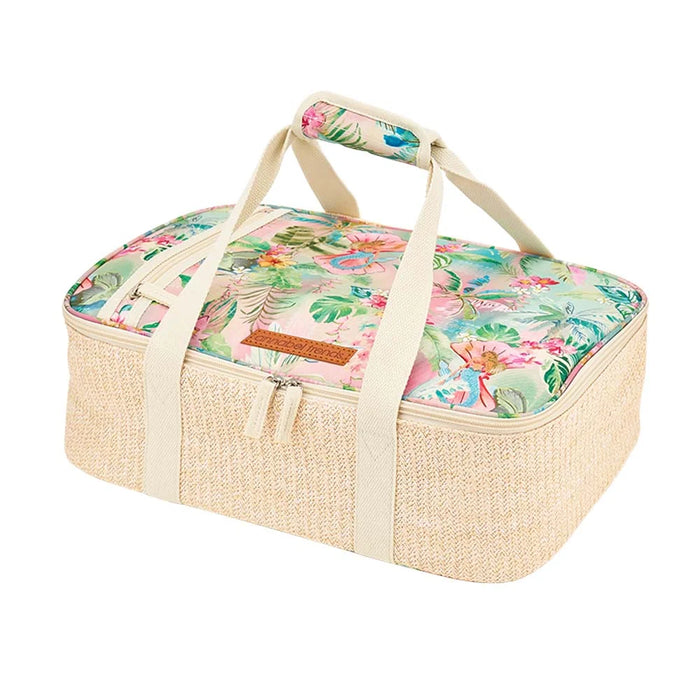 Tiki Island Picnic Make Take Bag with woven rattan base and printed fabric top
