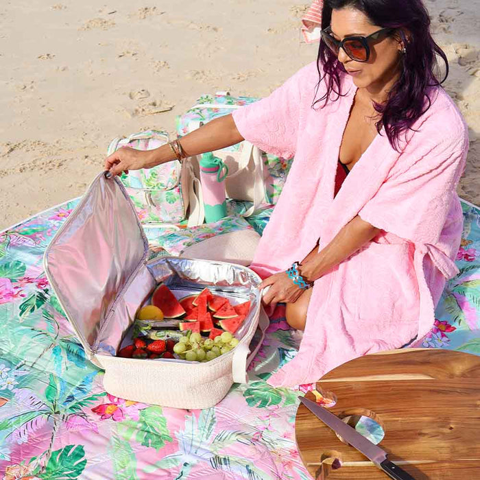 Tiki Island insulated picnic bag styled at outdoor gathering - entertaining carry bag
