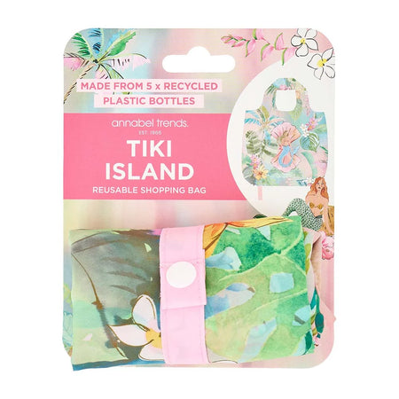 Tiki Island eco shopping tote folded to compact pocket size with built-in clip
