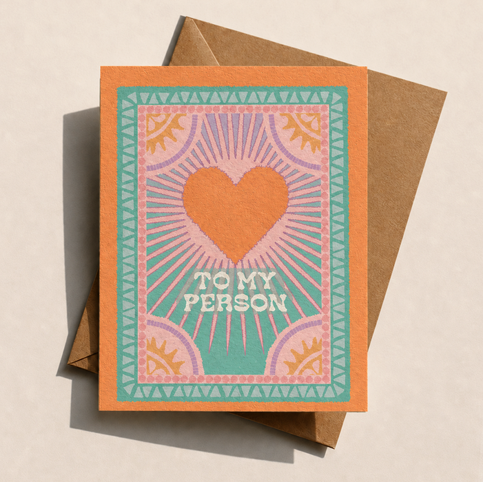 To My Person greeting card with bold heart motif and retro sunburst in warm coastal colours - designed in Australia
