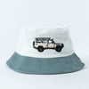 Front view of The Troopy light-blue corduroy bucket hat with embroidered Troopy design
