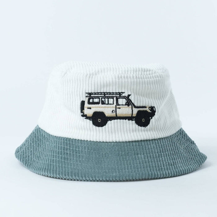 Front view of The Troopy light-blue corduroy bucket hat with embroidered Troopy design
