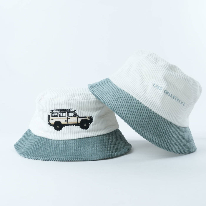 Two The Troopy light-blue corduroy bucket hats shown together
