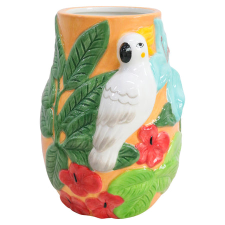 Hand-painted tropicana vase in glossy orange dolomite with tropical birds leaves and red florals — Travel and Tide