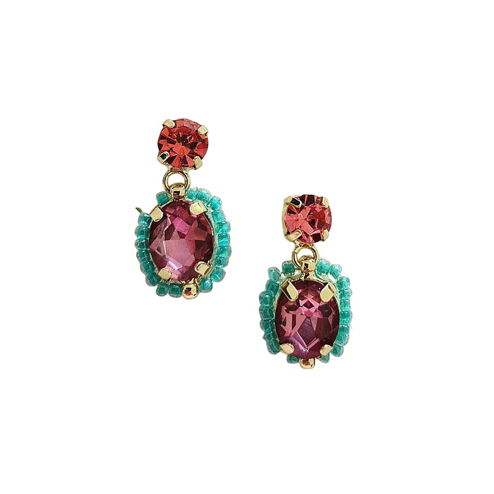 Pair of gold-tone drop earrings with round pink faceted tops and oval pink drops edged with turquoise-coloured beads

