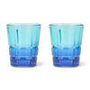 Set of 2 two tone shot glasses in aqua to cobalt blue colour block with faceted glass body in gift box
