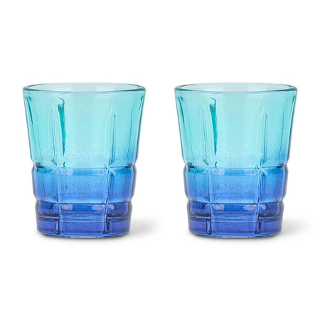 Set of 2 two tone shot glasses in aqua to cobalt blue colour block with faceted glass body in gift box
