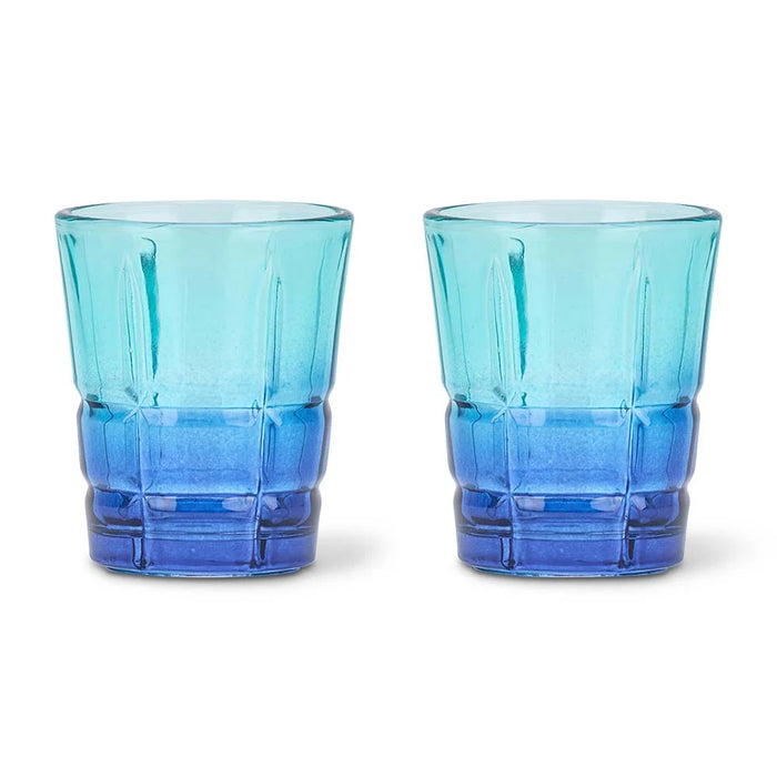 Set of 2 two tone shot glasses in aqua to cobalt blue colour block with faceted glass body in gift box

