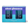 Blue two tone shot glasses styled together on a bar cart for entertaining
