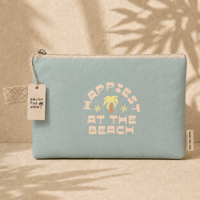 Tyvek Beach Pouch Happiest at the Beach - lightweight water-resistant pouch in soft blue with retro print
