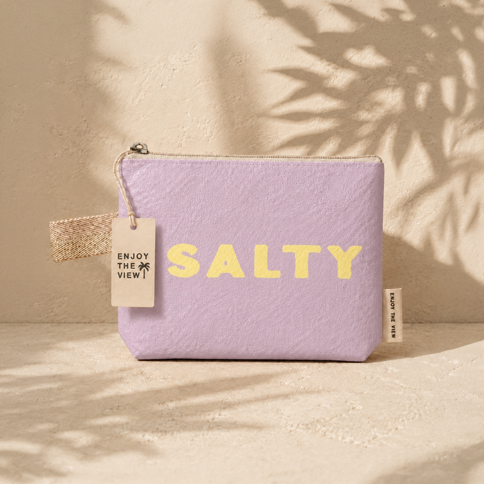 Tyvek Pouch Salty - lightweight water-resistant lavender pouch with bold retro lettering

