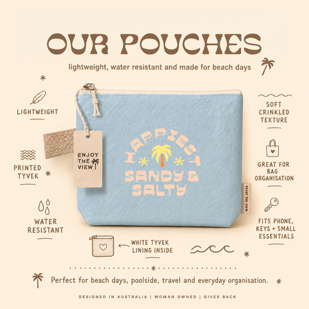 Close-up of retro boho sun and botanical print on Tyvek toiletry pouch - designed in Australia
