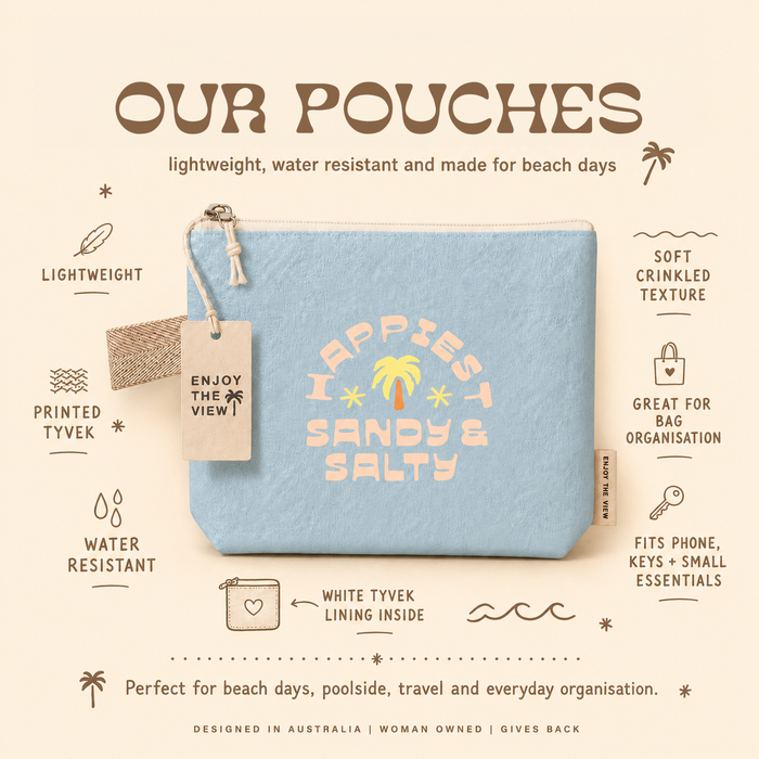 Close-up of retro surf stripe print and zip closure on large Tyvek travel pouch
