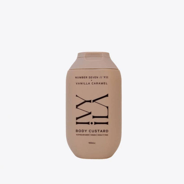 IVY ILA vanilla caramel body custard styled with coastal accessories — warm indulgent moisturiser for soft smooth skin
