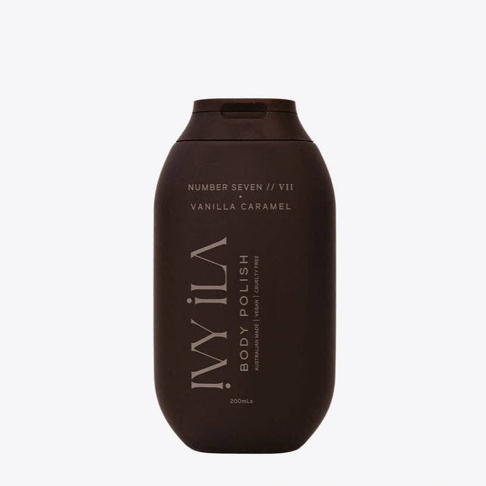 IVY ILA No. VII vanilla caramel body polish styled with coastal accessories — warm indulgent sugar scrub, vegan and cruelty-free
