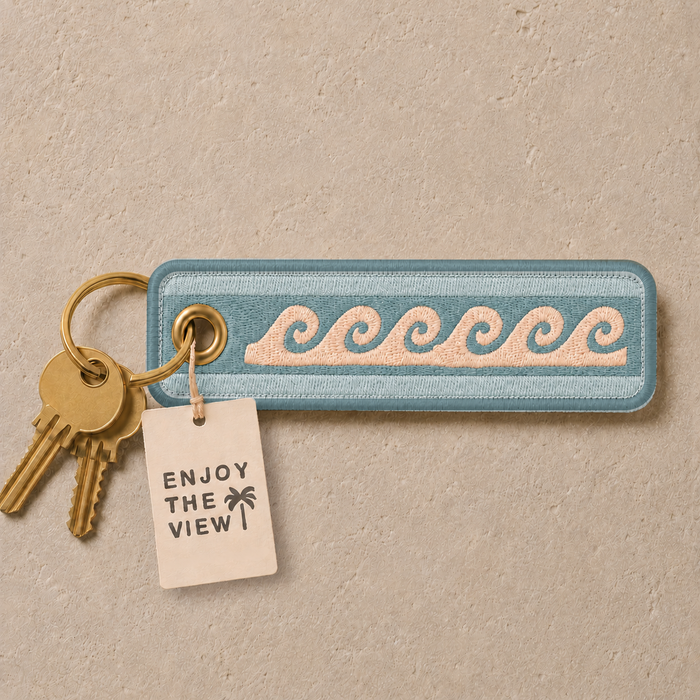 Wave embroidered keyring in retro coastal blues with gold-tone split ring - designed in Australia
