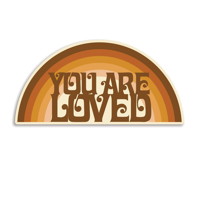 You Are Loved rainbow die-cut vinyl sticker on a flat surface, coastal gift idea
