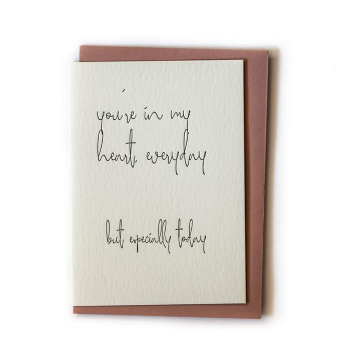 Heart Card — black letterpress greeting card on 300gsm cotton stock with premium Gmund Wild Rose envelope | Travel and Tide
